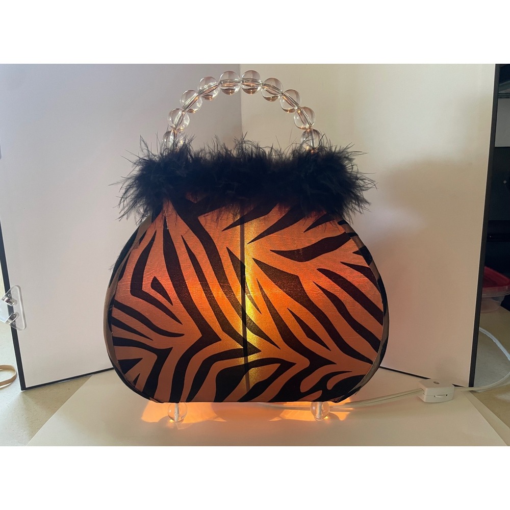 Zebra Print Handbag Table Lamp Feather Trim Acrylic Bead Handle Glam Decor